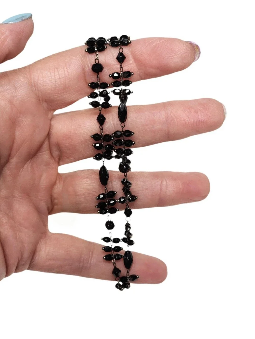 Delicate Faceted Black Beaded Gunmetal Chain Necklace
